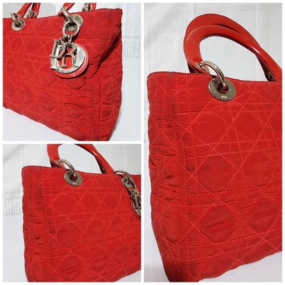 Authentic Christian Dior Vintage Canage Quilted Nylon Lady Dior Hand Bag Red - Picture 11 of 16
